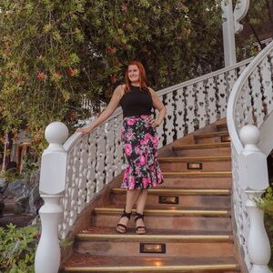 Eliza J Two Piece Set Black Top and Pink Floral Skirt Size 12